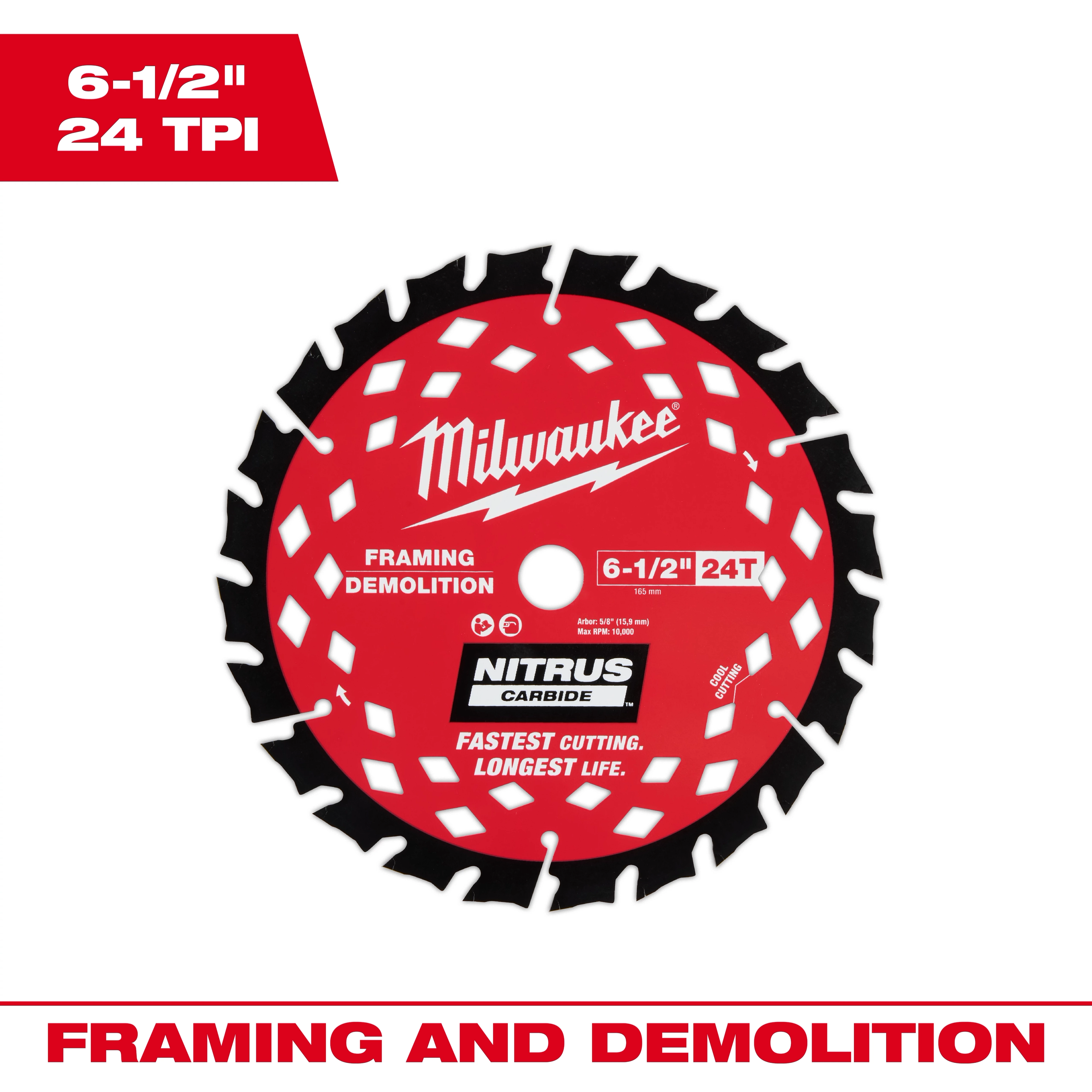6-1/2” 24T NITRUS Carbide Framing & Demolition Circular Saw Blade displayed with text framing and demolition.