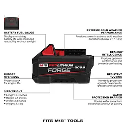 Side view of the M18 REDLITHIUM FORGE XC6.0 battery featuring durability details, cold weather performance, fuel gauge, and dimensions.