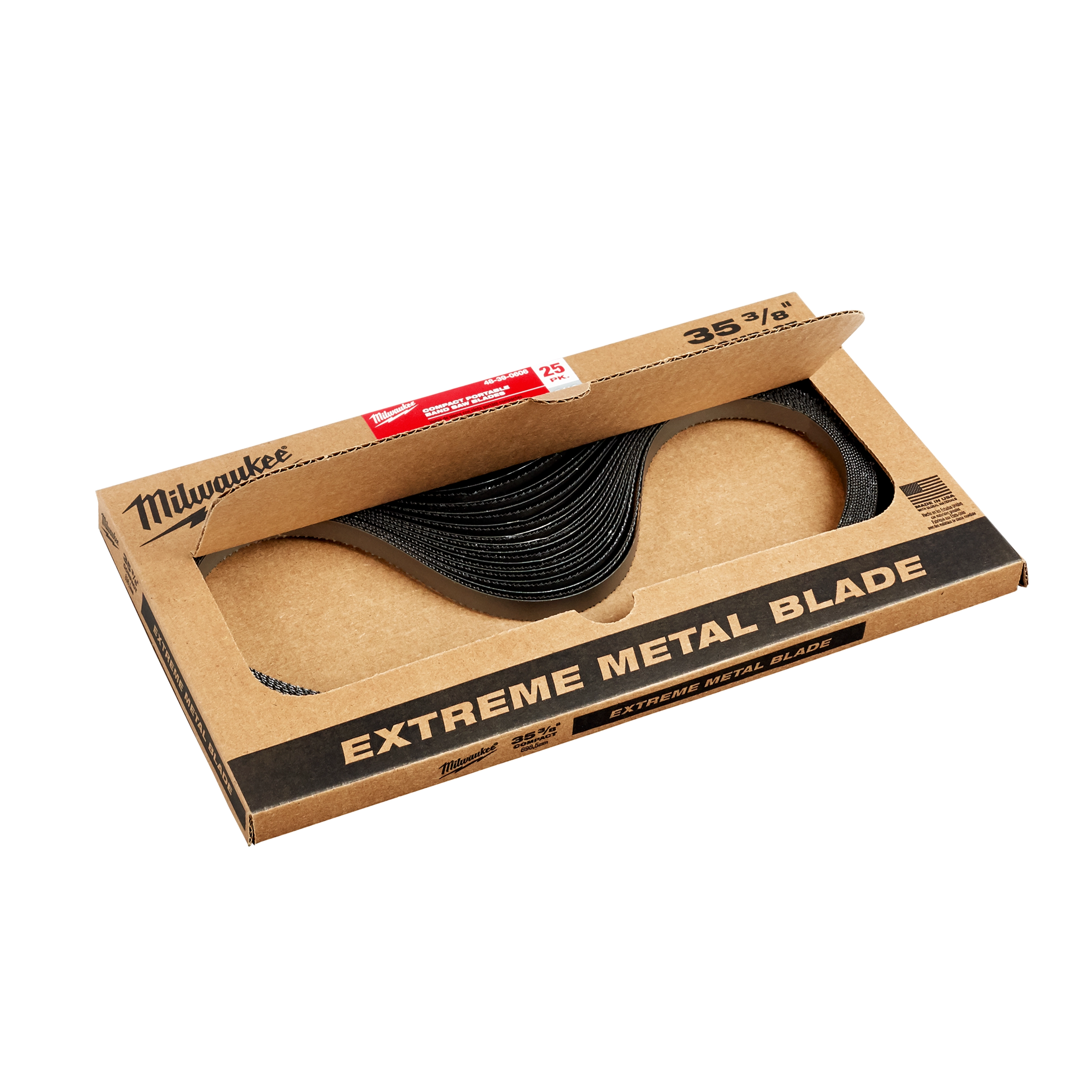 Compact Portable Band Saw Blades 25 pack, 35-3/8 inch size, displayed in an open cardboard box labeled "Extreme Metal Blade."