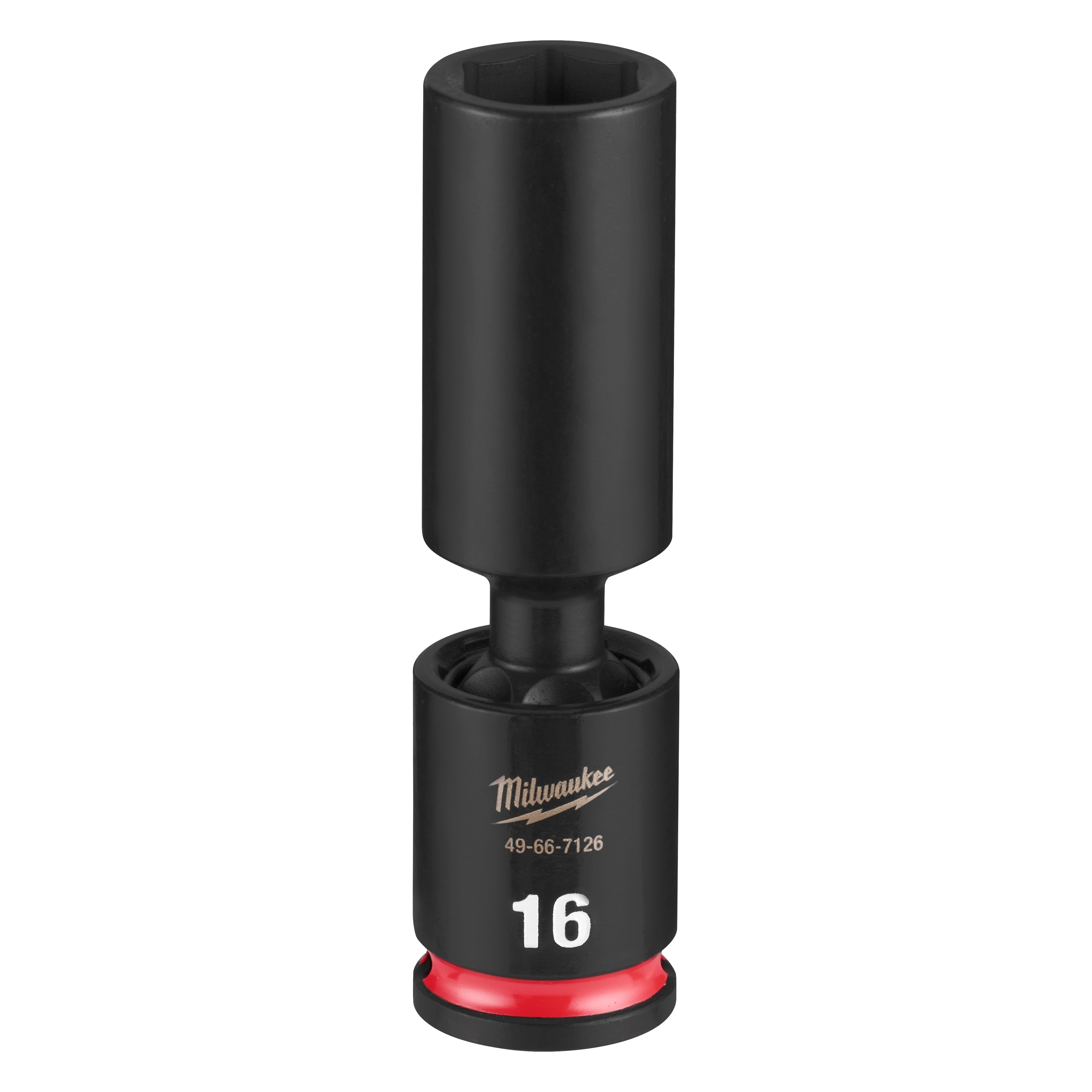 SHOCKWAVE Impact Duty 3/8" Drive 16MM Deep Swivel Socket standing upright on a plain background.