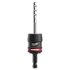 The image shows a 3/8" QUIK-LOK™ Arbor Set, featuring a black and red design with a metallic drill bit extending from the top. The product is branded with the Milwaukee logo.