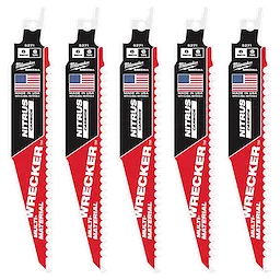 The image shows five 6" WRECKER™ with NITRUS™ Carbide SAWZALL® Blades for Multi-Material. The blades are primarily red and black, featuring serrated edges. Each blade has a “Made in USA” label and is designed for cutting multiple materials. Packaging denotes a five pack.
