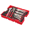 A 9-piece Pliers and Wrench Set with Tray for PACKOUT Drawers is displayed. The red tray holds a variety of pliers and wrenches with red and metallic finishes, neatly arranged in designated slots within protective padding.