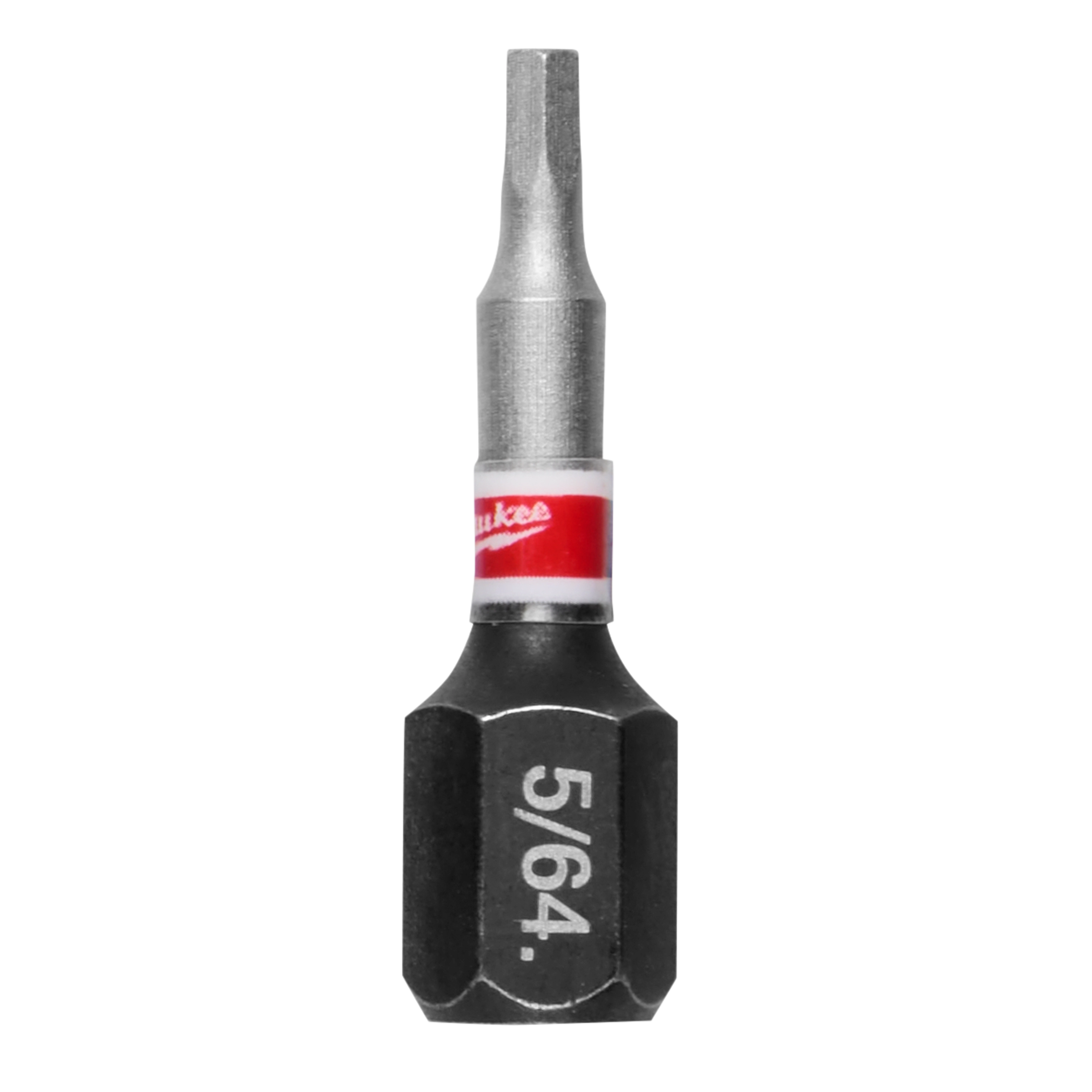 The image shows a hex shank bit from Milwaukee, labeled 5/64. The bit is black and silver with a red and white band near the top, displaying the Milwaukee logo.