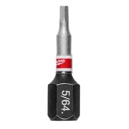The image shows a hex shank bit from Milwaukee, labeled 5/64. The bit is black and silver with a red and white band near the top, displaying the Milwaukee logo.