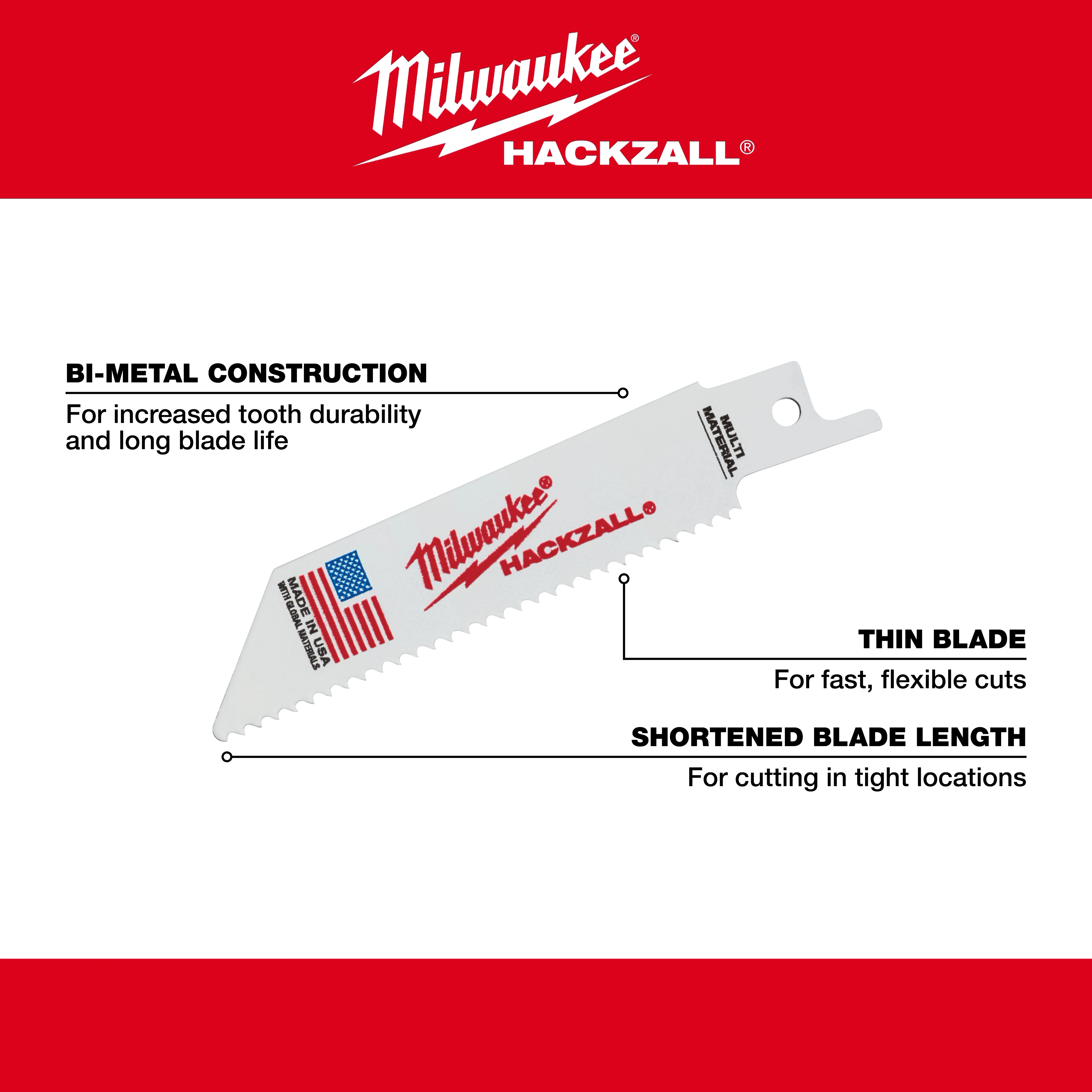 Milwaukee Hackzall blade features bi-metal construction for increased durability and long blade life. Its thin blade allows fast, flexible cuts, while the shortened length is ideal for cutting in tight locations. An image of an American flag appears on the blade, emphasizing its origin.