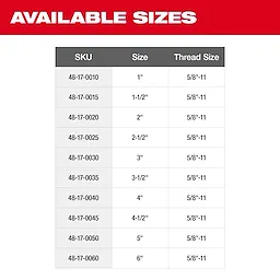 Diamond Dry Core Bit Available Sizes chart with SKUs, sizes ranging from 1 to 6 inches, and a consistent thread size of 5/8"-11.