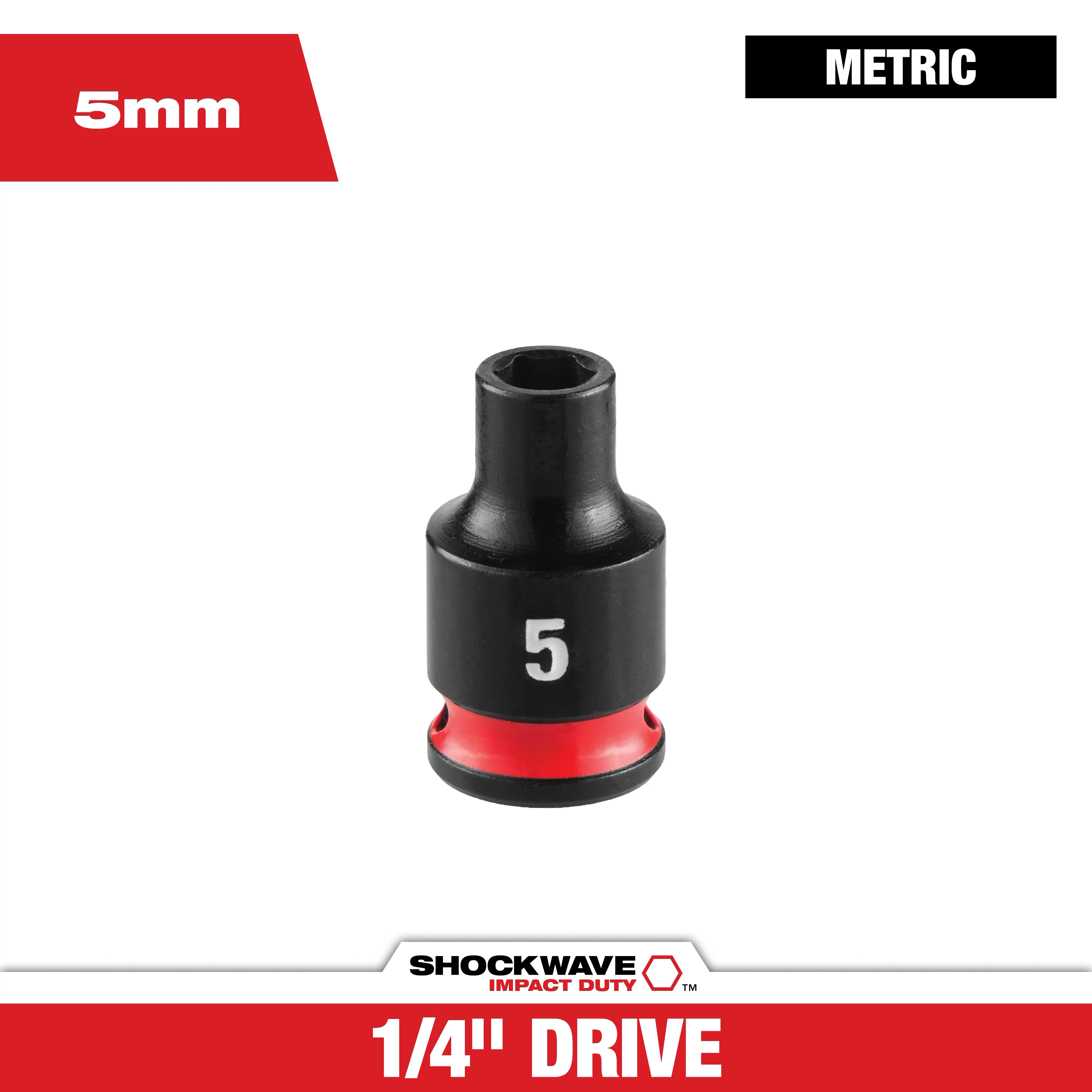 SHOCKWAVE Impact Duty 1/4" Drive 5MM Standard 6 Point Socket standing upright with a visible 5 marking.