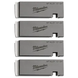 Four Milwaukee 1/2"-3/4" NPT Alloy Universal Pipe Threading Dies arranged vertically, featuring the Milwaukee logo and size details.