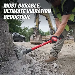 A worker uses an 8lb Sledge Hammer (36" Handle) to break concrete. Text reads "Most durable. Ultimate vibration reduction."