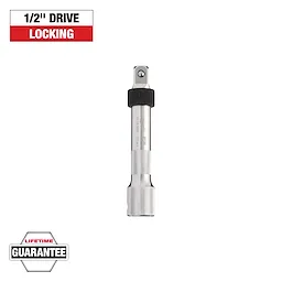 Image of a 1/2-inch drive locking extension tool. The tool is silver with black details. Text labels include "1/2" DRIVE LOCKING" and "LIFETIME GUARANTEE" in boxes.