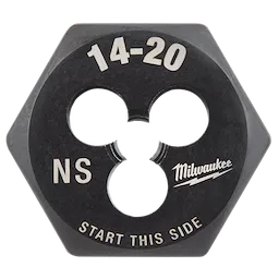 Milwaukee 14-20 NS 1-Inch Hex Die with black finish, labeled "START THIS SIDE". Used for threading applications.