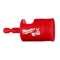 Red 1-1/8 inch Diamond Max Hole Saw Bit with a diamond-coated edge for drilling, featuring both inch and millimeter measurements.