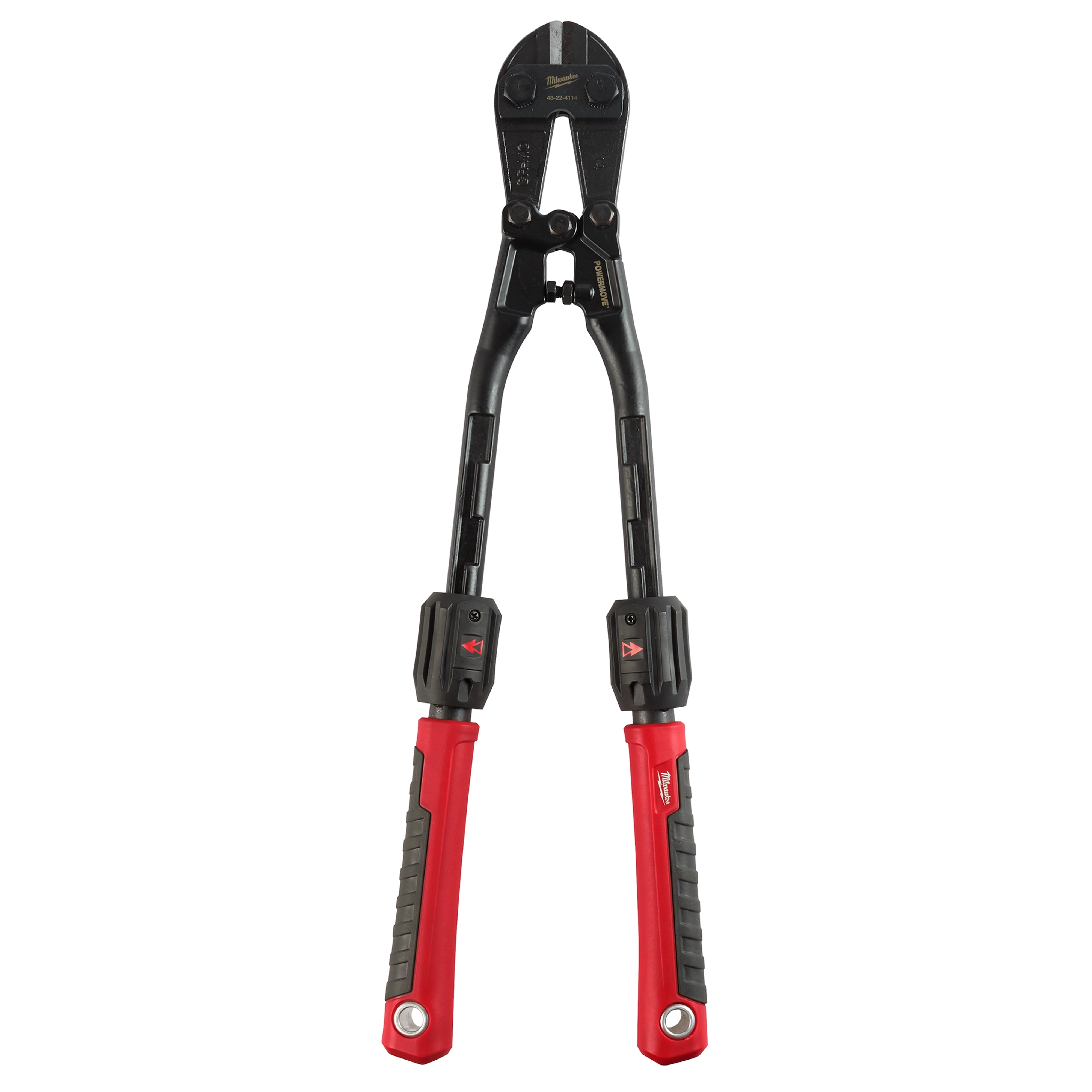 14" Adaptable Bolt Cutters with POWERMOVE(TM) Handles have a black metal body and red, ergonomic grips. The adjustable handles provide enhanced leverage and cutting power, ideal for cutting through thick materials.