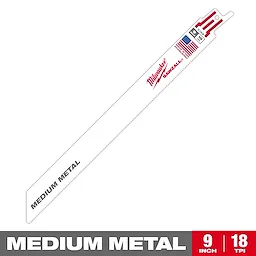 Milwaukee Sawzall blade for cutting medium metal, measuring 9 inches with 18 teeth per inch. The blade is white with red and black text, and features an American flag icon.