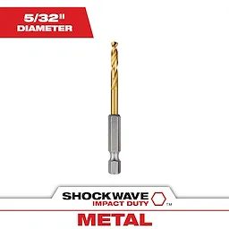 The SHOCKWAVE 5/32 in. Titanium Drill Bit is designed for metal drilling, featuring a titanium coating for durability. The packaging highlights its 5/32-inch diameter and impact duty capability.