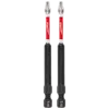 The image shows two SHOCKWAVE™ 3-1/2" Impact Duty T15 Bits (2 PK). The bits have a red and white shaft with the Milwaukee logo, and a black base labeled T15.