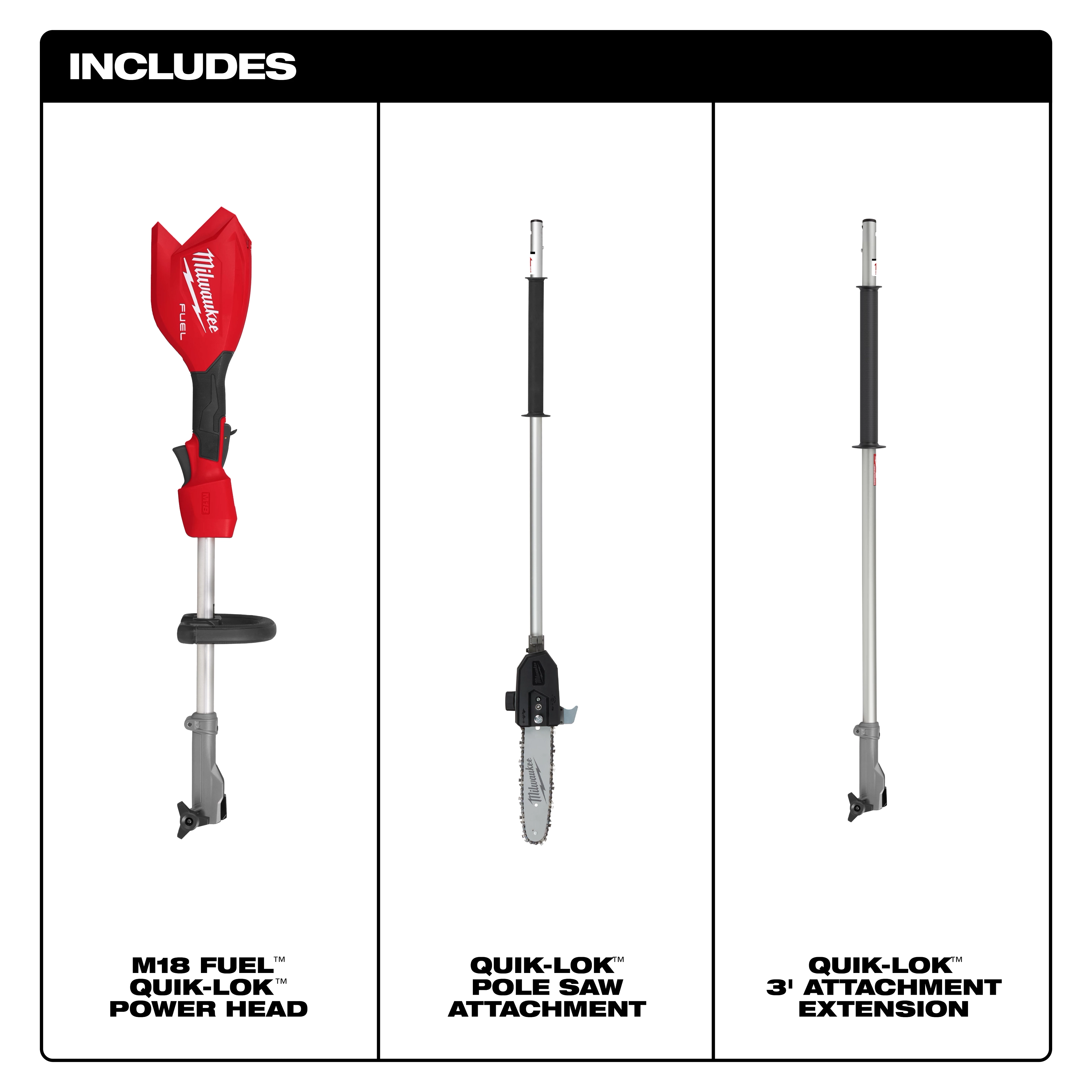 M18 FUEL Power Head w/ QUIK-LOK with pole saw attachment and 3' attachment extension displayed upright.