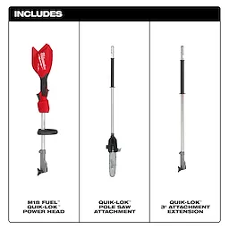 M18 FUEL Power Head w/ QUIK-LOK with pole saw attachment and 3' attachment extension displayed upright.