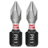 The image shows two SHOCKWAVE™ 1" Impact Duty Phillips #1 Insert Bits (2 PK) by Milwaukee. These bits have a double-ended design with PH1 engraved on the black base and a silver finish on the tips.