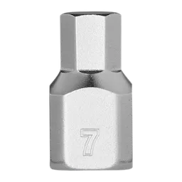 1/4" Drive 7mm Low-Profile Hex Bit Socket made of silver metal. The hex bit has a low-profile design and features a "7" engraved near the base, indicating the size.