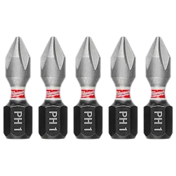 This image shows five Milwaukee PH1 screwdriver bits with a silver top and a black base. Each bit is etched with "PH1" on the side and has a red stripe with the Milwaukee logo in the middle. The bits are arranged in a straight line.