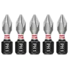 This image shows five Milwaukee PH1 screwdriver bits with a silver top and a black base. Each bit is etched with "PH1" on the side and has a red stripe with the Milwaukee logo in the middle. The bits are arranged in a straight line.