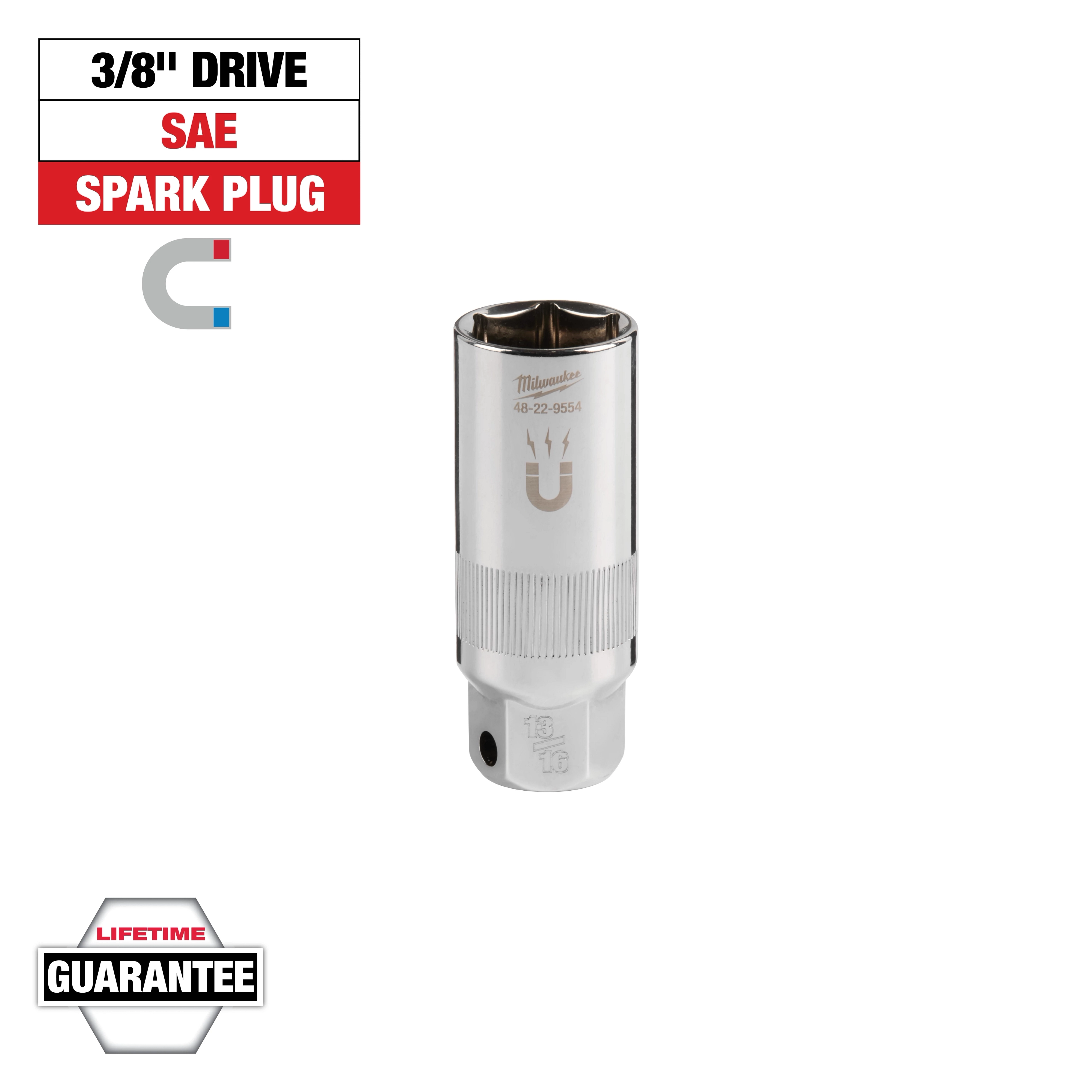 This image shows a 3/8" drive SAE spark plug socket by Milwaukee, featuring a magnetic tip. The packaging indicates a lifetime guarantee. The socket is metallic, with a knurled section for grip and a hexagonal opening.