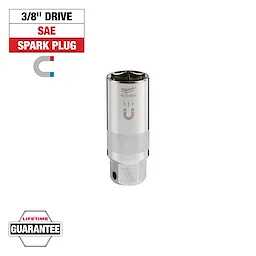 This image shows a 3/8" drive SAE spark plug socket by Milwaukee, featuring a magnetic tip. The packaging indicates a lifetime guarantee. The socket is metallic, with a knurled section for grip and a hexagonal opening.