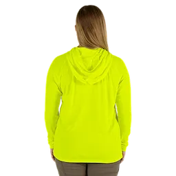 The Women's WORKSKIN Hooded Sun Shirt – Yellow features a high-visibility yellow color and a hood. The shirt is shown from the back, highlighting its long sleeves and casual fit.