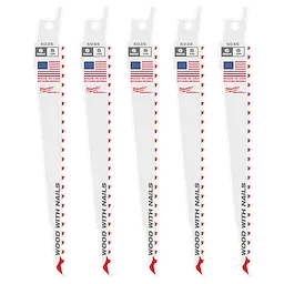 The 6" 5 TPI Sawzall® Blades (5 Pk) are designed for cutting wood with nails. The blades are white with red and black text and feature an American flag, indicating they are made in the USA.