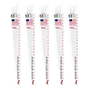 The 6" 5 TPI Sawzall® Blades (5 Pk) are designed for cutting wood with nails. The blades are white with red and black text and feature an American flag, indicating they are made in the USA.
