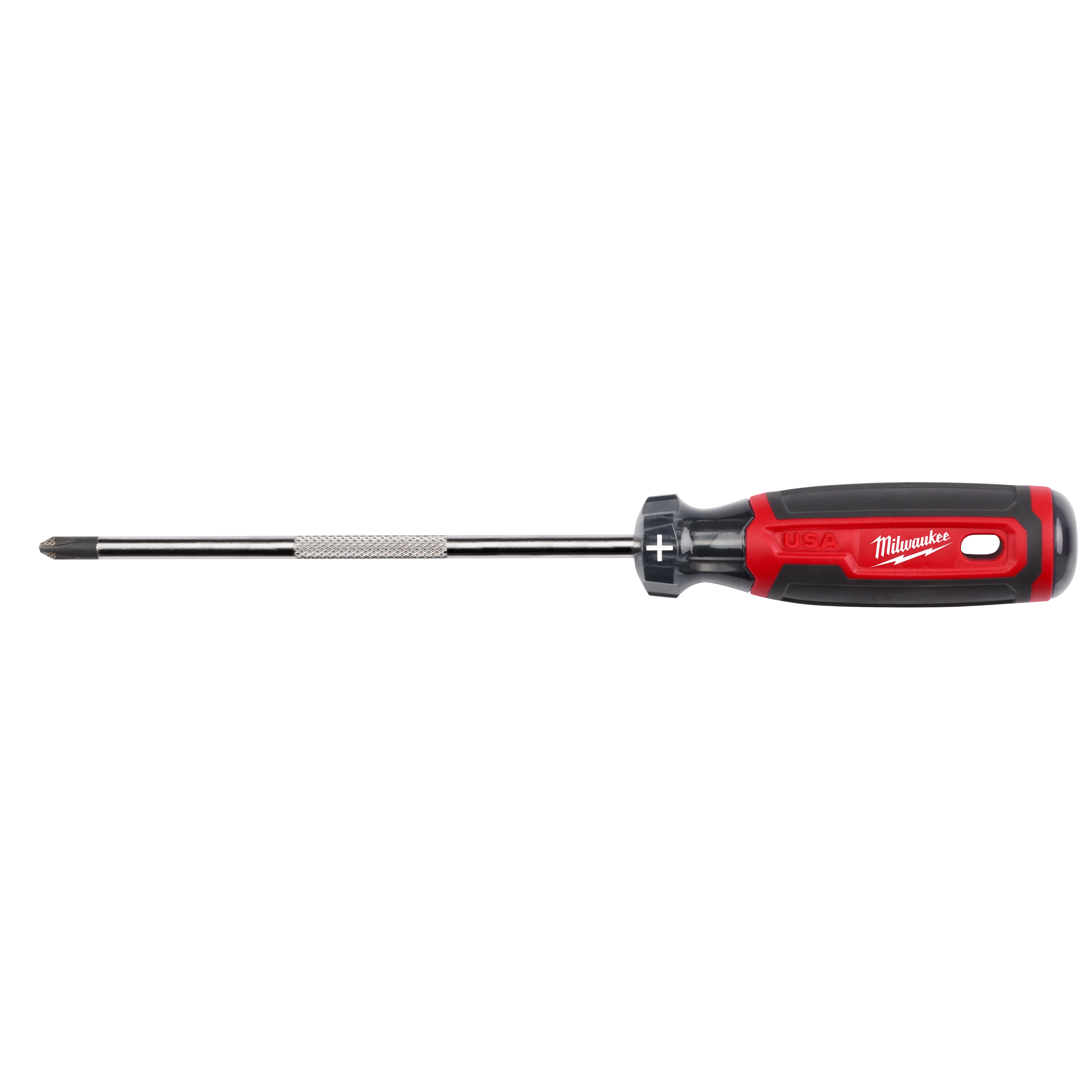 The #2 Square 6" Cushion Grip Screwdriver (USA) features a red and black cushioned handle, a square shaft with a textured grip area, and a #2 square tip. The word "USA" and the brand name Milwaukee are visible on the handle.