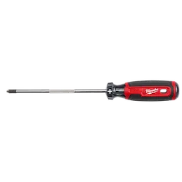 The #2 Square 6" Cushion Grip Screwdriver (USA) features a red and black cushioned handle, a square shaft with a textured grip area, and a #2 square tip. The word "USA" and the brand name Milwaukee are visible on the handle.