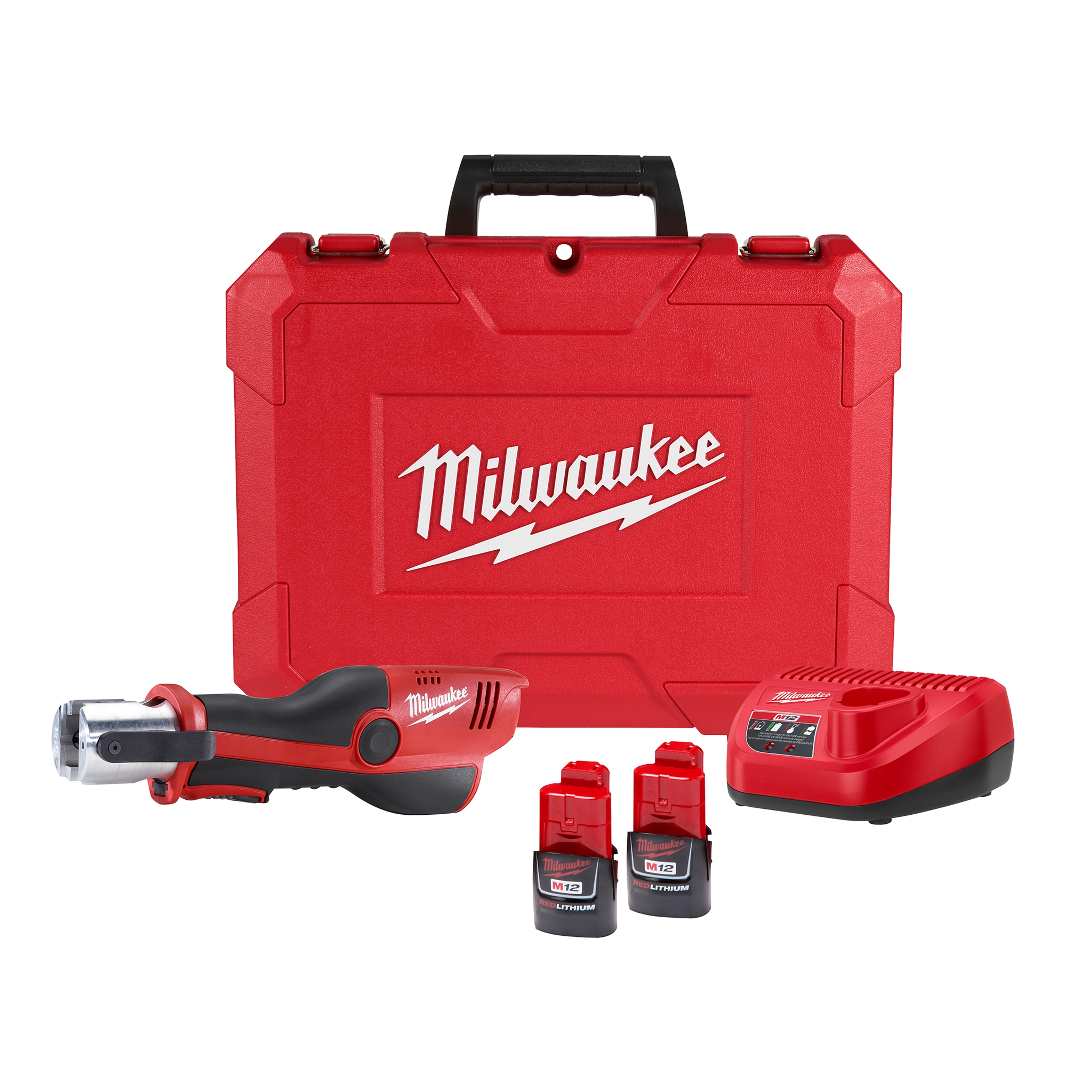 Milwaukee M12 Force Logic Press Tool Kit includes a red press tool, two M12 batteries, a battery charger, and a sturdy red carrying case with a black handle. The Milwaukee logo is prominently displayed on both the tool and the case.