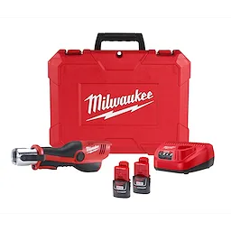 Milwaukee M12 Force Logic Press Tool Kit includes a red press tool, two M12 batteries, a battery charger, and a sturdy red carrying case with a black handle. The Milwaukee logo is prominently displayed on both the tool and the case.