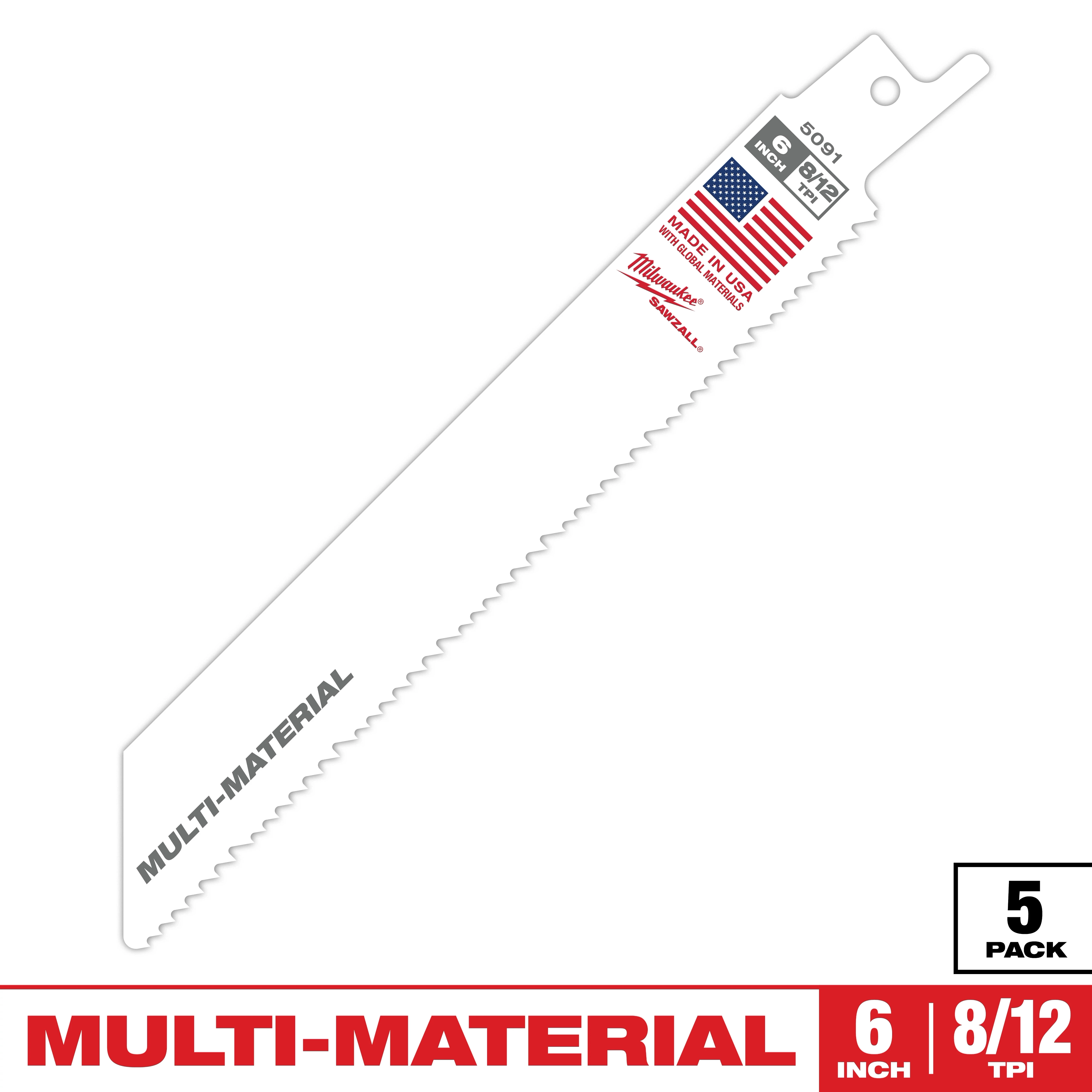 Milwaukee 6-inch multi-material reciprocating saw blade with 8/12 teeth per inch, pack of 5. Blade is marked with "Made in USA" and features the American flag. Ideal for cutting various materials.