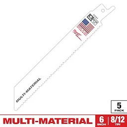 Milwaukee 6-inch multi-material reciprocating saw blade with 8/12 teeth per inch, pack of 5. Blade is marked with "Made in USA" and features the American flag. Ideal for cutting various materials.