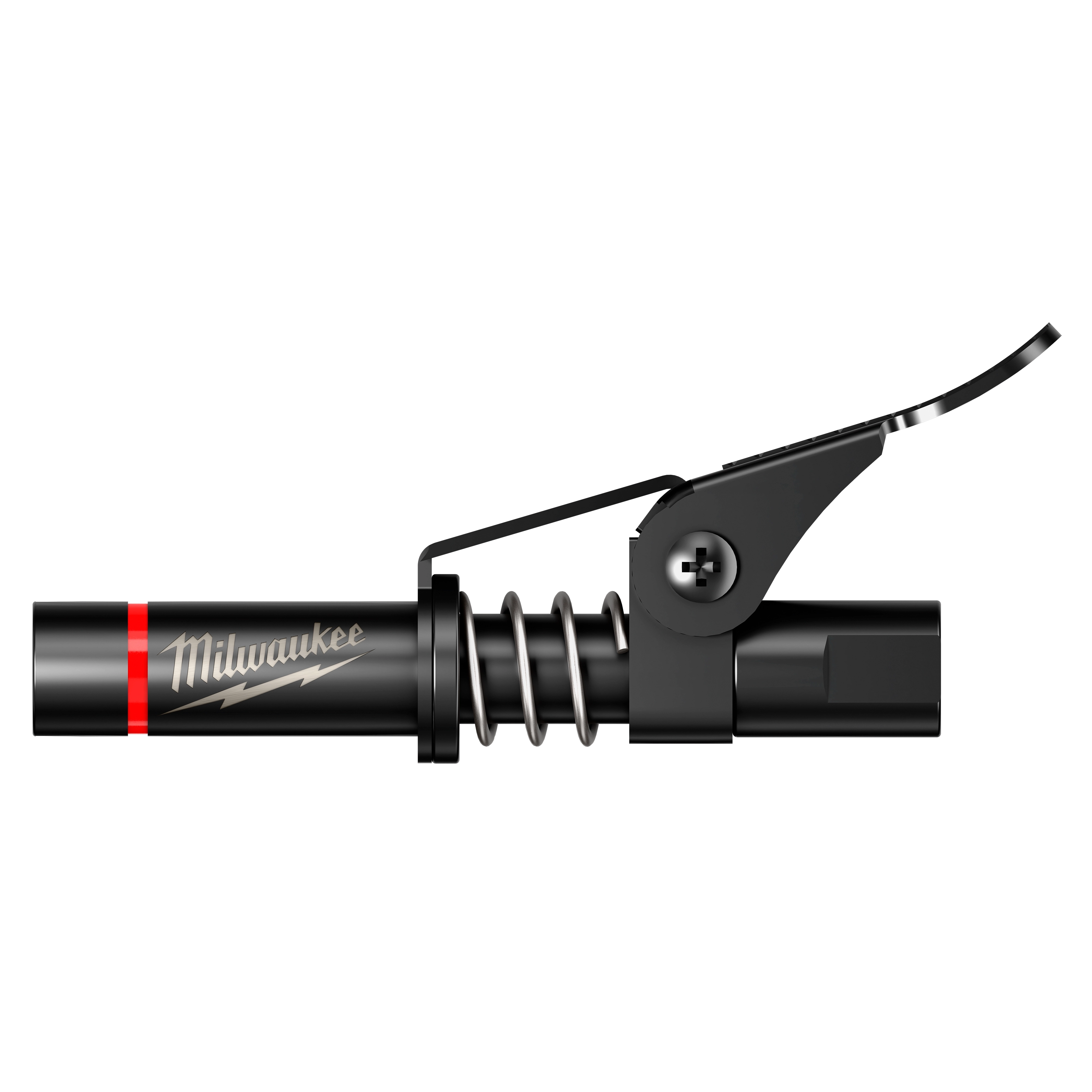 Locking Grease Coupler in black with a side lever and exposed metal spring on a plain background.