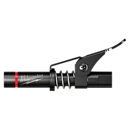 Locking Grease Coupler in black with a side lever and exposed metal spring on a plain background.
