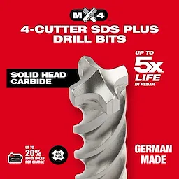 SDS PLUS MX4 4-cutter drill bits with solid head carbide, German made. Features up to 5x life in rebar and 20% more holes per charge.