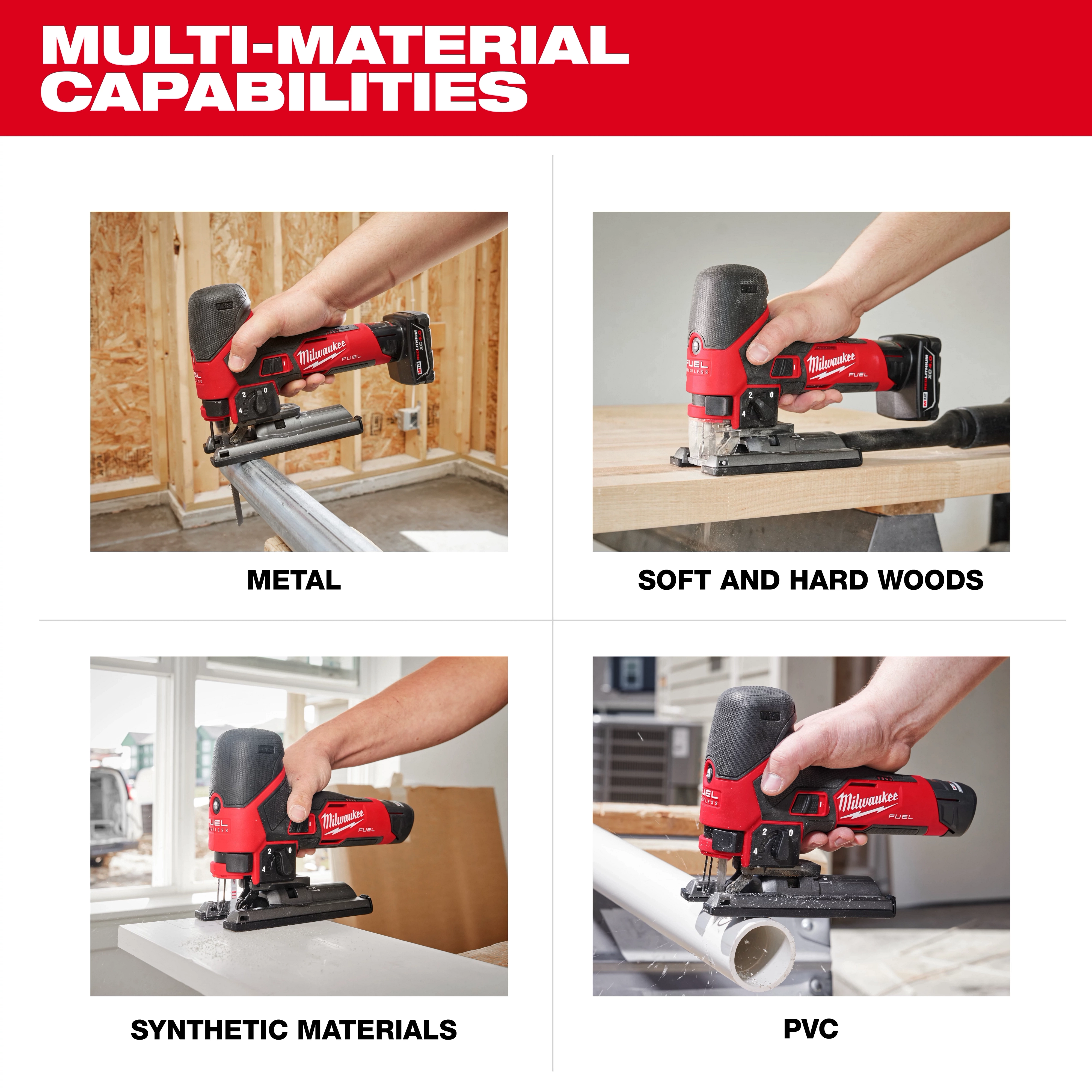 The M12 FUEL™ Jig Saw is pictured cutting various materials, including metal, wood, synthetic materials, and PVC. The jig saw is red and black, demonstrating its versatility in different construction tasks.