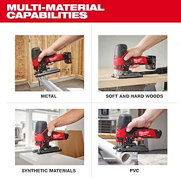 The M12 FUEL™ Jig Saw is pictured cutting various materials, including metal, wood, synthetic materials, and PVC. The jig saw is red and black, demonstrating its versatility in different construction tasks.