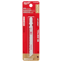 4" 6TPI T-Shank Wood Bi-Metal Jig Saw Blades 5PK in red and white packaging, with text highlighting longer life and wood cutting ability.