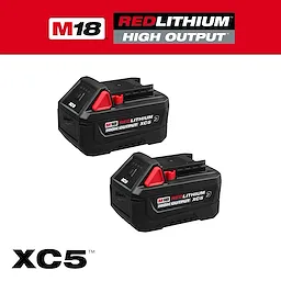 Two black power tool batteries labeled M18 REDLITHIUM HIGH OUTPUT XC5, M18 REDLITHIUM HIGH OUTPUT XC5 Resistant Battery Two Pack.