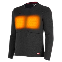 The Heated Merino Wool Crewneck Baselayer is a long-sleeve gray shirt featuring heating elements over the chest area. It has a small red logo on the lower left side and hexagonal heating zones that appear orange. The shirt is carefully designed for comfort and warmth during cold weather.