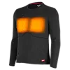 The Heated Merino Wool Crewneck Baselayer is a long-sleeve gray shirt featuring heating elements over the chest area. It has a small red logo on the lower left side and hexagonal heating zones that appear orange. The shirt is carefully designed for comfort and warmth during cold weather.
