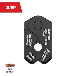 The 3/8" Streamline® ACR Pivoting Press Ring is a compact, black metal tool accessory designed for use with ACR copper tubing. The product features branding from Streamline and Milwaukee, visible model numbers, and a 3/8" mark.