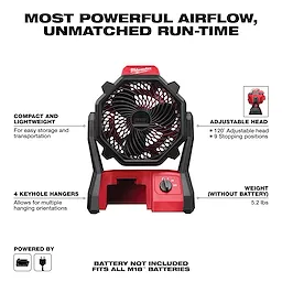 The M18 Jobsite Fan has a lightweight, adjustable head with nine positions, keyhole hangers, and operates on M18 batteries.