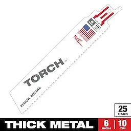 Sawzall Bi-Metal Carbide Primary Images show a 6-inch, 10 TPI Torch blade designed for cutting thick metal. It is made in the USA, comes in a pack of 25, and features an American flag and the manufacturer's logo.